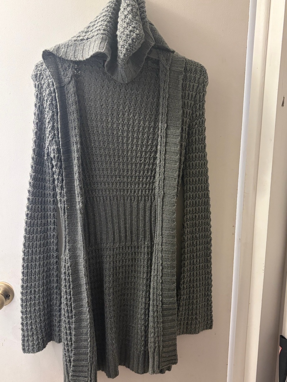 Say What? Olive Gray Hooded Open-Front Knit Cardigan